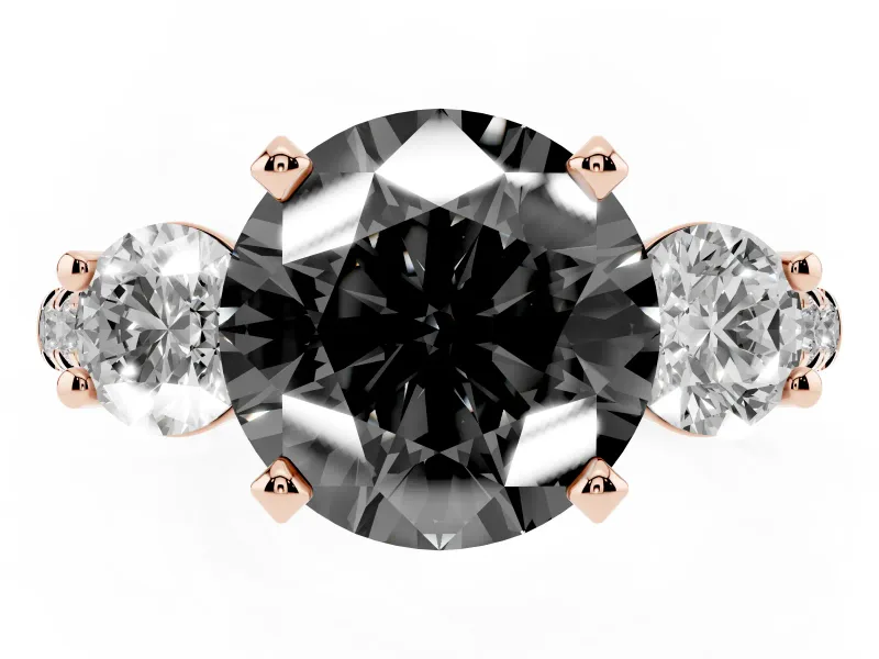 Round Three-Stone Pavé Engagement Ring Setting for a Black Center | Round Side Stones | Rose Gold