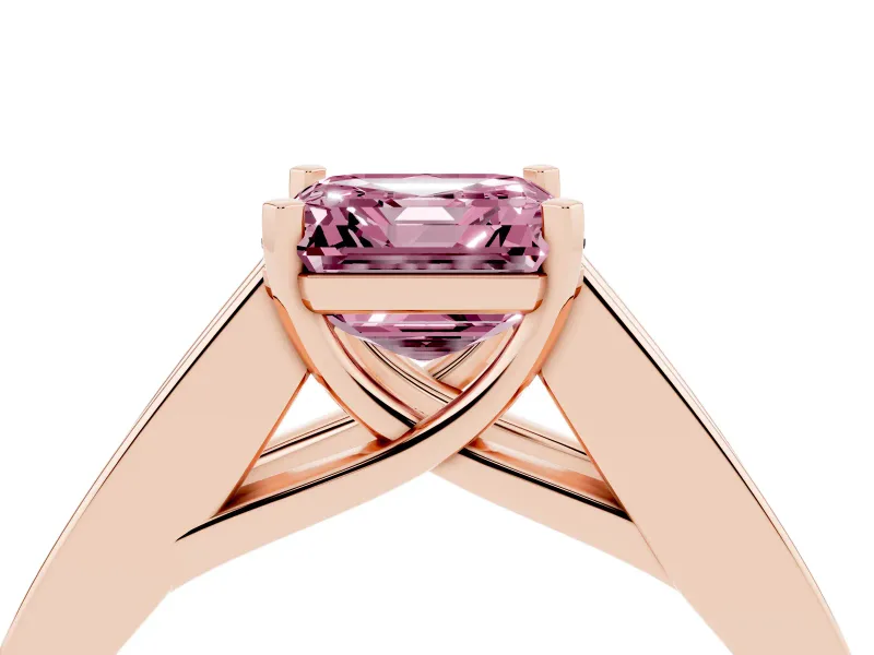 Fancy Pink Asscher Cut Diamond Solitaire Ring Set in Rose gold with Channel-Set Accent Stones and Prong Setting