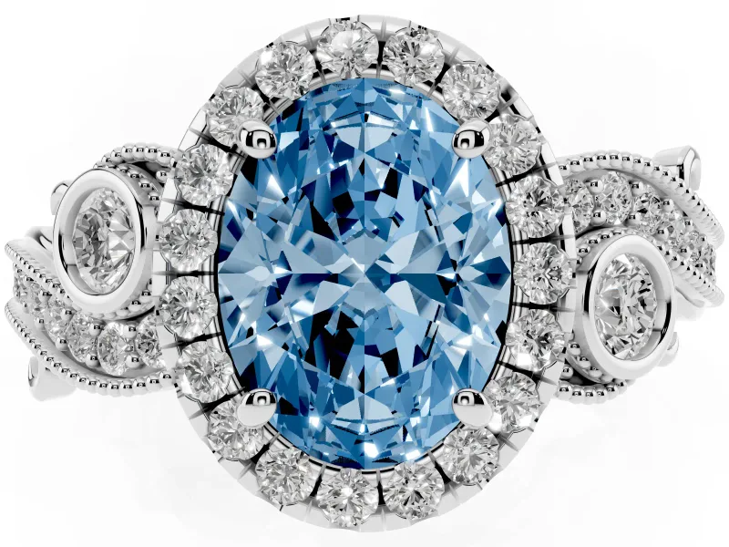 Fancy Blue Oval Cut Diamond Halo Ring Set in Platinum with Milgrain Pavé Band and Prong Setting