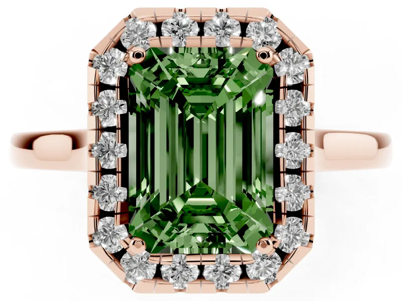 Fancy Green Emerald Cut Halo Round Diamond Solitaire Ring Set in Rose gold with Pavé Band and Prong Setting