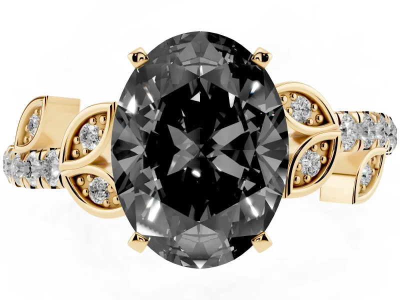 Oval Leaf Pavé Engagement Ring Setting for a Black Center | Leaf Motif Shoulders | Yellow Gold