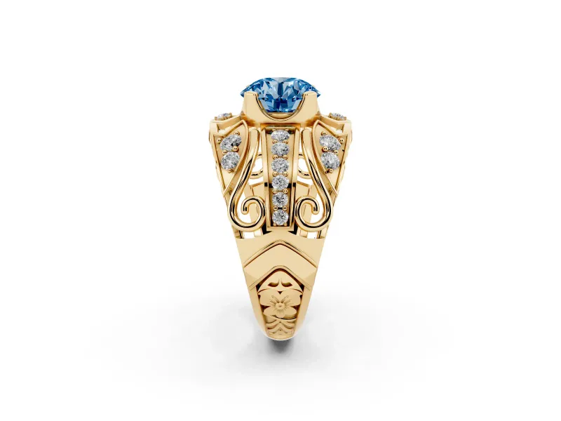 Round Art Deco Graduated Engagement Ring Setting for a Fancy Blue Lab-Grown Diamond | Yellow Gold