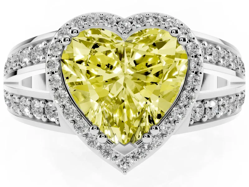 Fancy Yellow Heart Cut Diamond Halo Ring Set in Platinum with Double Pavé Split Shank