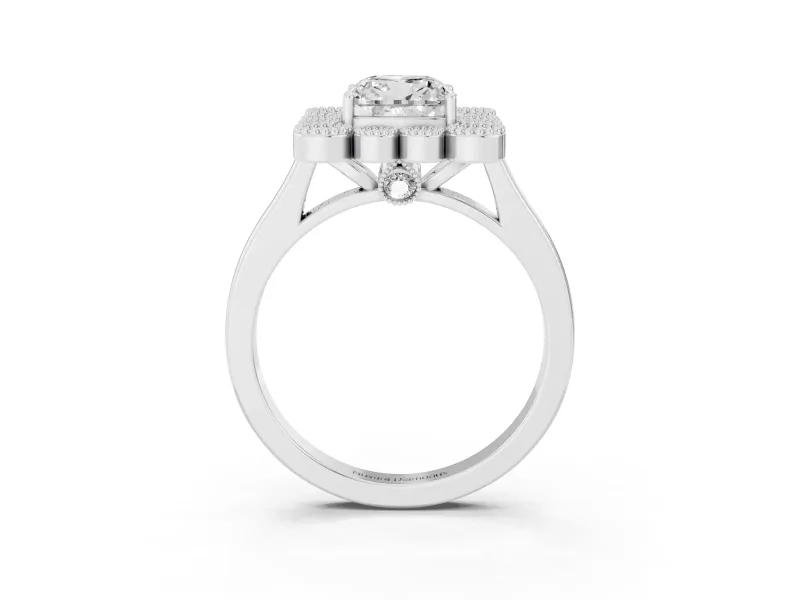 Cushion Cut Milgrain Cluster Halo Engagement Ring Setting | Plain Band | Sterling Silver