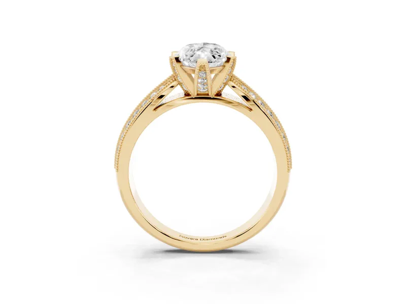 Marquise Cut Diamond Solitaire Ring Set in Yellow gold with Milgrain Double Row Round Pavé Band