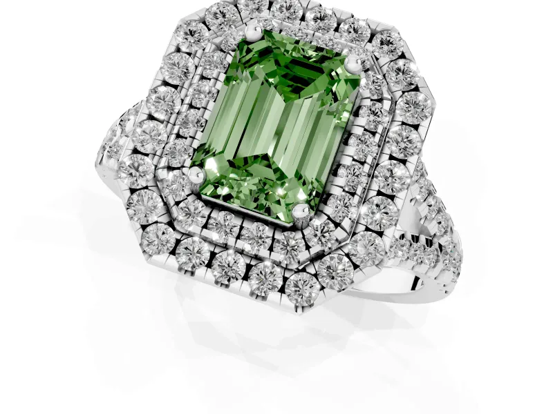 Emerald Cut Halo Split Shank Engagement Ring Setting for a Fancy Green Lab-Grown Diamond | Pavé Strands | White Gold