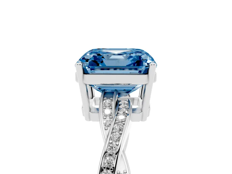 Fancy Blue Asscher Cut Diamond Solitaire Twisted Pavé Ring Set in Platinum with Prong Setting