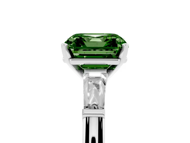 Fancy Green Asscher Cut Diamond Solitaire Ring Set in Platinum with Tapered Baguette Side Stones and Prong Setting