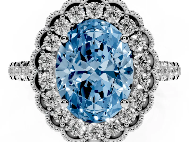 Fancy Blue Oval Cut Diamond Milgrain Floral Halo Engagement Ring Set in Platinum with Pavé Band