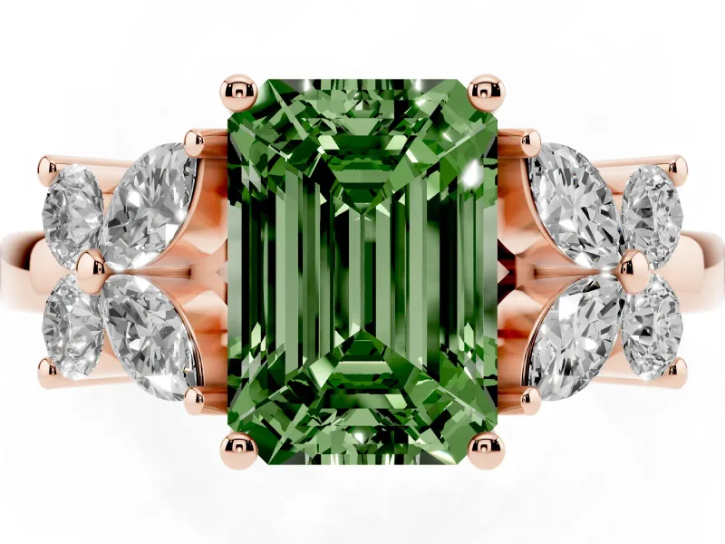 Fancy Green Emerald Cut Diamond Floral Cluster Ring Set in Rose gold with Marquise Petals and Prong Setting