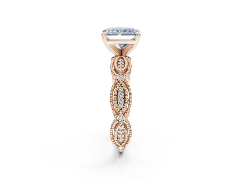 Radiant Cut Vintage Milgrain Engagement Ring Setting for a Fancy Blue Lab-Grown Diamond | Graduated Stations | Rose Gold