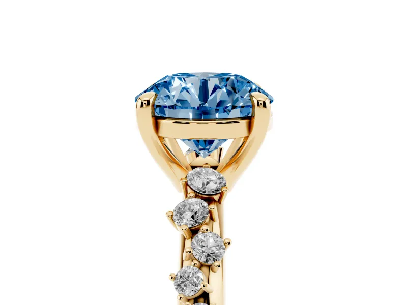 Fancy Blue Round Cut Diamond Solitaire Vine Band Ring Set in Yellow gold with Round Accents and Prong Setting