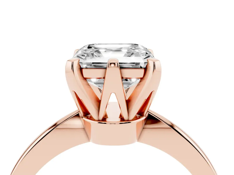 Asscher Cut Diamond Solitaire Engagement Ring Set in Rose gold with Slim Tapered Solitaire Band
