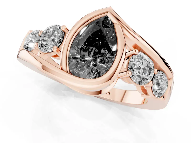 Fancy Black Pear Cut Diamond Bezel Bypass Ring Set in Rose gold with Round Accents