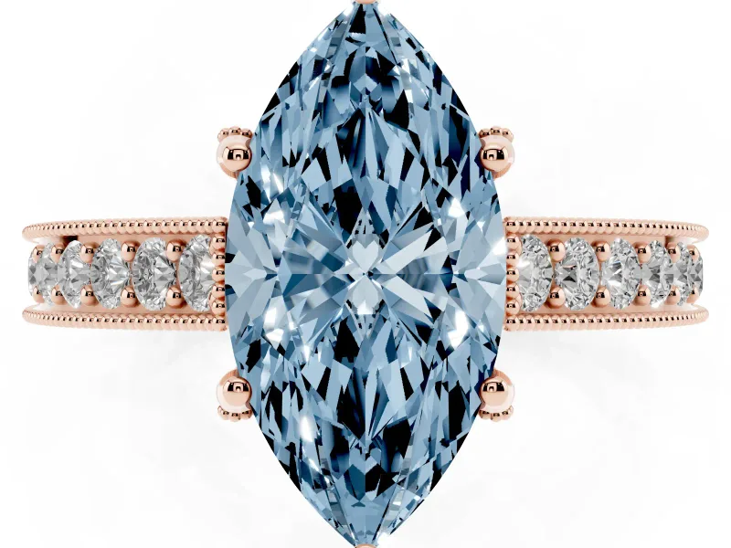 Marquise Vintage Hidden Halo Engagement Ring Setting for a Fancy Blue Lab-Grown Diamond | Milgrain Pave Band | Rose Gold
