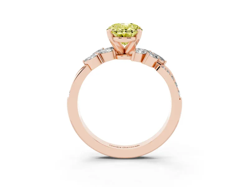 Fancy Yellow Oval Cut Diamond Solitaire Ring Set in Rose gold with Marquise Twist Band and Prong Setting