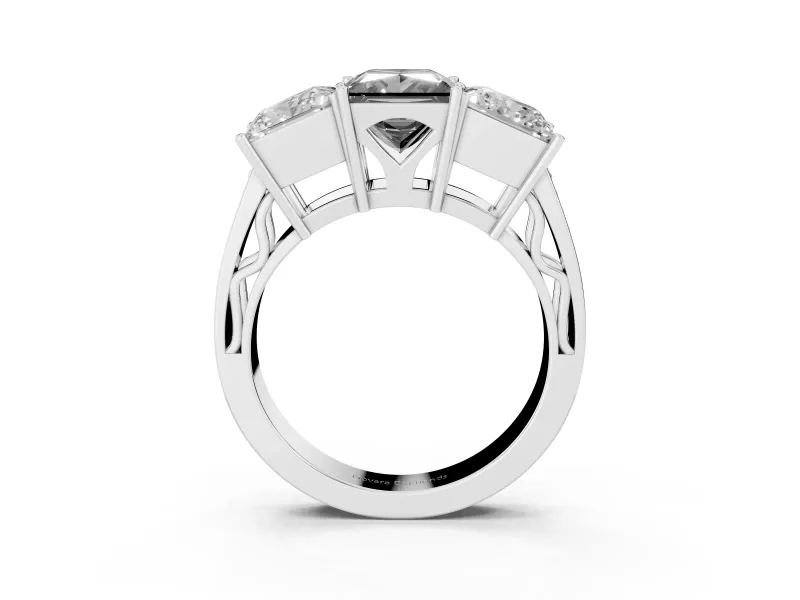 Princess Cut Three Stone Engagement Ring Setting for a Black Center | Beaded Shoulders | White Gold