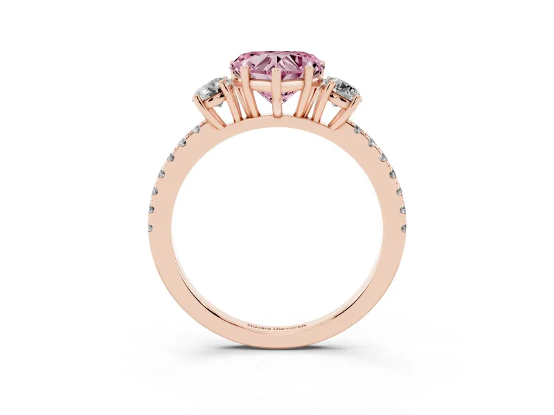 Heart-Shaped Three Stone Engagement Ring Setting for a Fancy Pink Lab-Grown Diamond | Pave Shoulders | Rose Gold