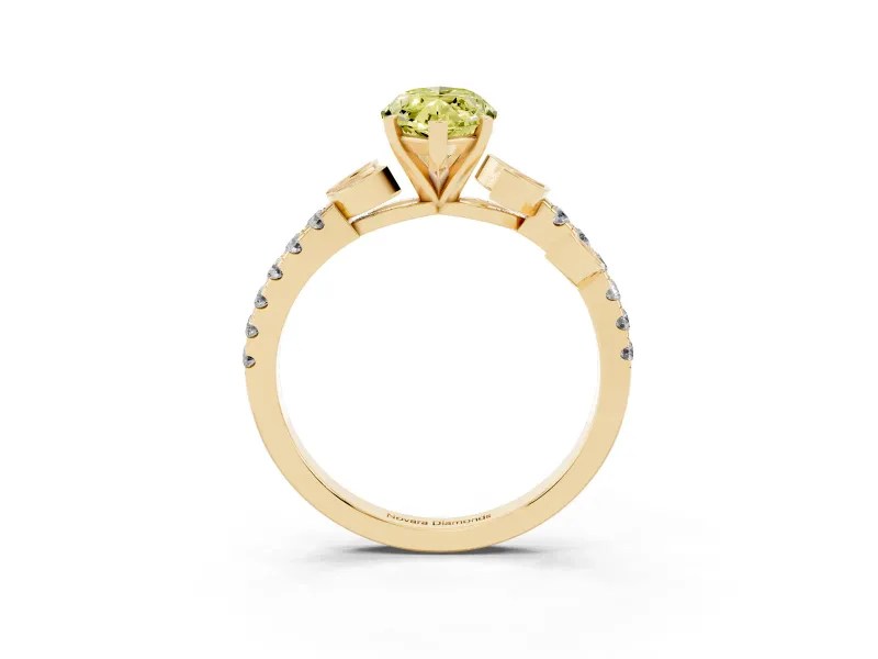 Fancy Yellow Marquise Cut Diamond Solitaire Leaf-Inspired Ring Set in Yellow gold with Pavé Band and Prong Setting