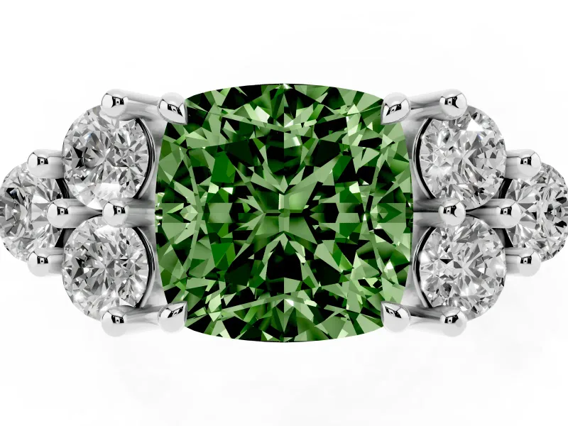 Fancy Green Cushion Cut Diamond Solitaire Ring Set in Silver with Cluster Accents on Each Side