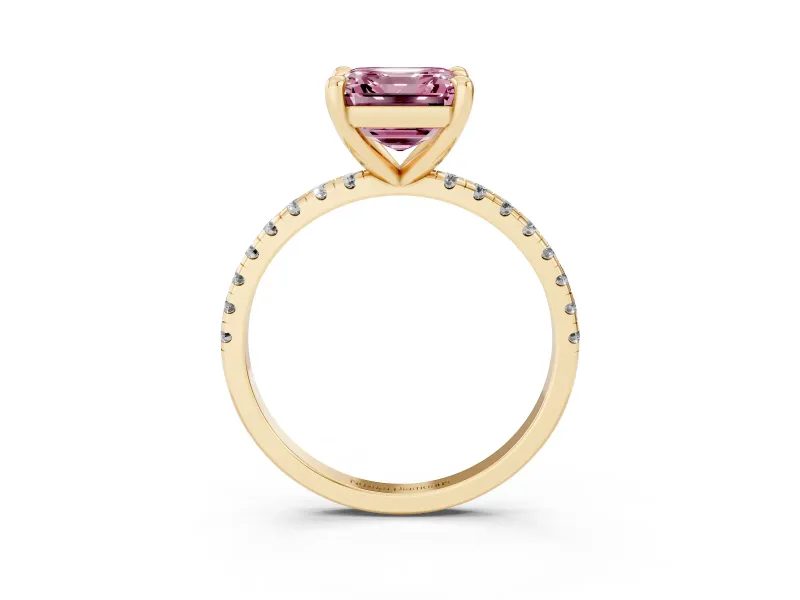 Fancy Pink Asscher Cut Diamond Brilliant Solitaire Ring Set in Yellow gold with Pavé Band and Prong Setting