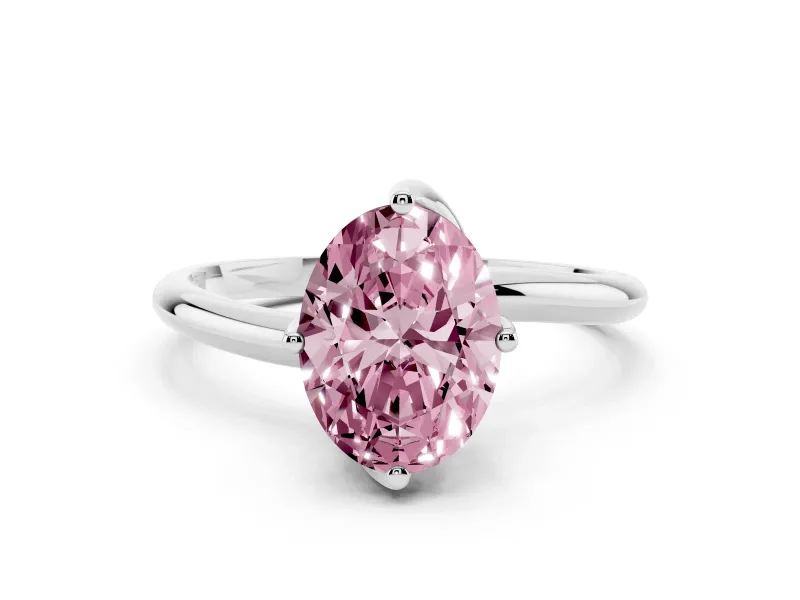 Fancy Pink Oval Cut Diamond Solitaire Engagement Ring Set in Platinum with Classic Plain Band