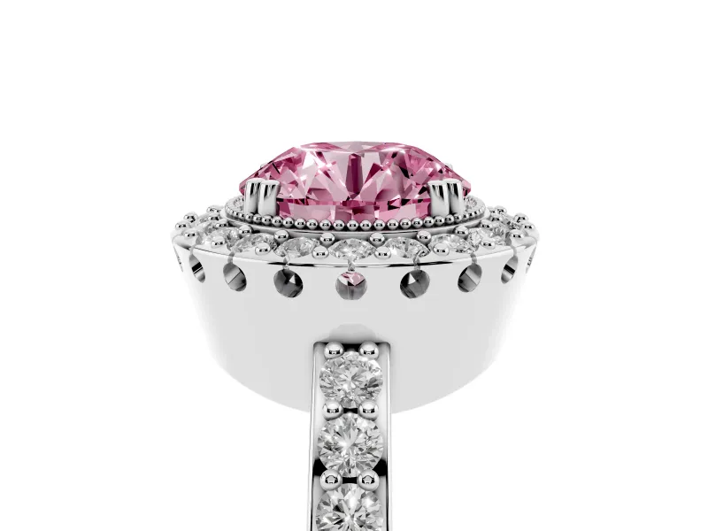 Round Vintage Milgrain Halo Engagement Ring Setting for a Fancy Pink Lab-Grown Diamond | Pierced Gallery | Platinum