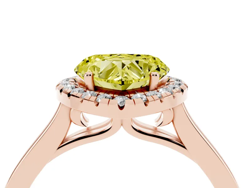 Fancy Yellow Heart Cut Halo Round Diamond Solitaire Ring Set in Rose gold with Pavé Band and Prong Setting