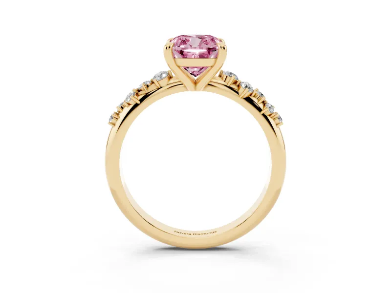 Cushion Cut Graduated Engagement Ring Setting for a Fancy Pink Lab-Grown Diamond | Yellow Gold
