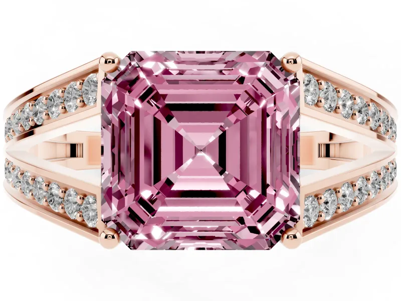 Fancy Pink Asscher Cut Diamond Split Shank Ring Set in Rose gold with Pavé Band and Prong Setting
