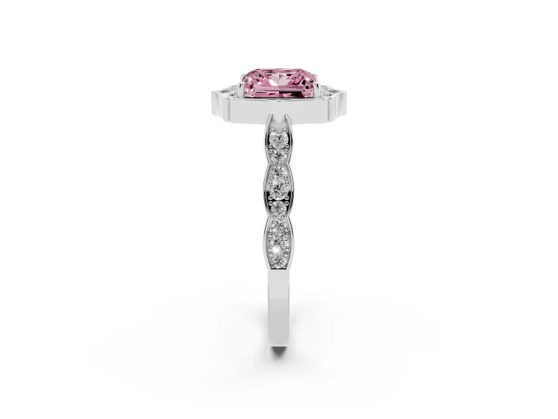 Princess Cut Scalloped Halo Engagement Ring Setting for a Fancy Pink Lab-Grown Diamond | Pave Band | Sterling Silver