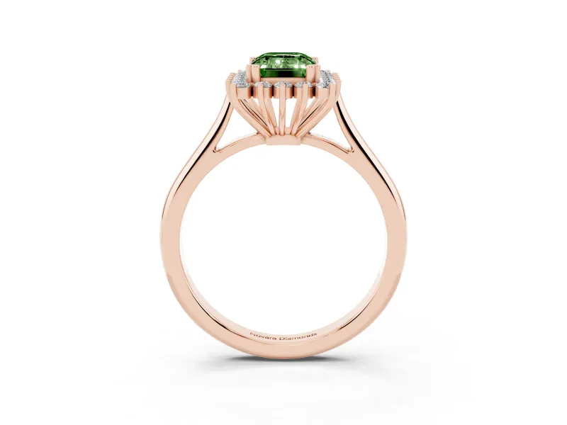 Fancy Green Emerald Cut Diamond Halo Ring Set in Rose gold with Plain Solitaire Band and Prong Setting