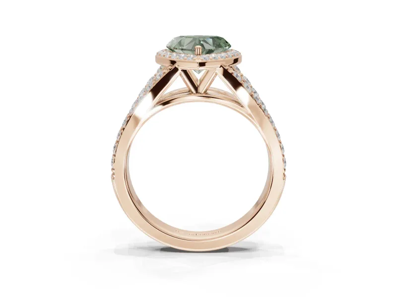 Heart-Shaped Halo Pavé Engagement Ring Setting for a Fancy Green Lab-Grown Diamond | Narrow Split Shank | Rose Gold