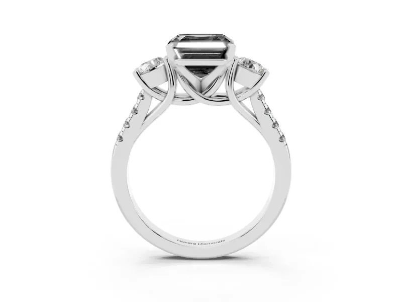 Fancy Black Three-Stone Asscher Cut Diamond Pavé Band Ring Set in White gold with Prong-Set Trio