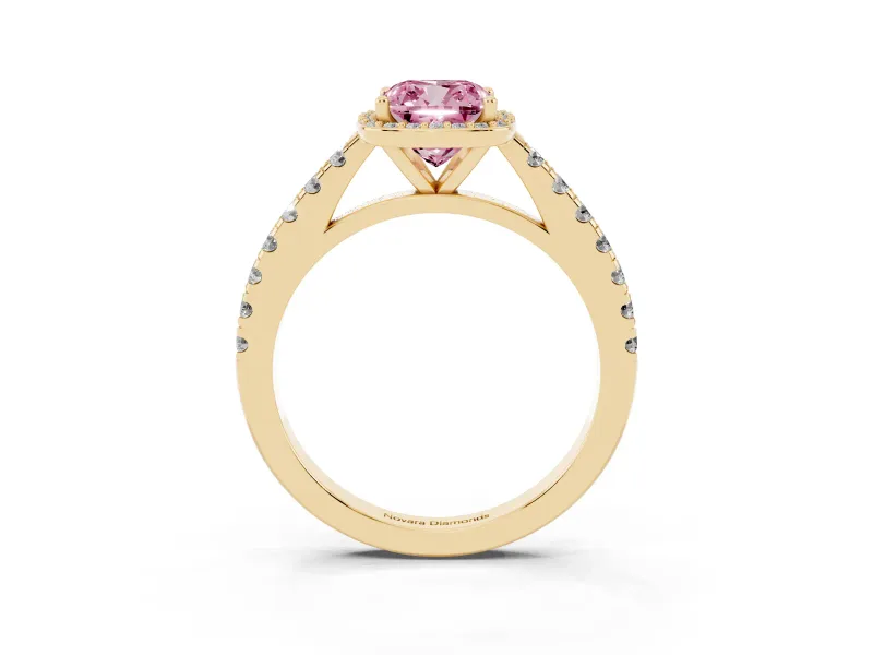 Fancy Pink Cushion Cut Diamond Halo Engagement Ring Set in Yellow gold with Pavé Band and Prong Setting