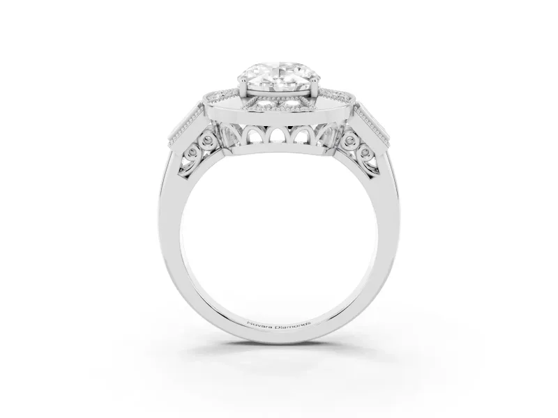 Oval Cut Diamond Milgrain Halo Ring Set in White gold with Split Shank