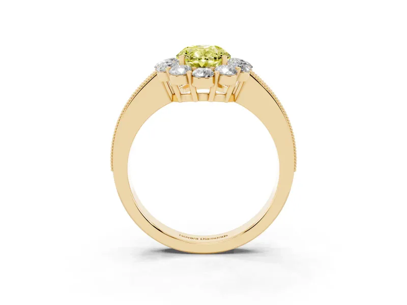 Oval Vintage Halo Engagement Ring Setting for a Fancy Yellow Lab-Grown Diamond | Milgrain Channel Band | Yellow Gold