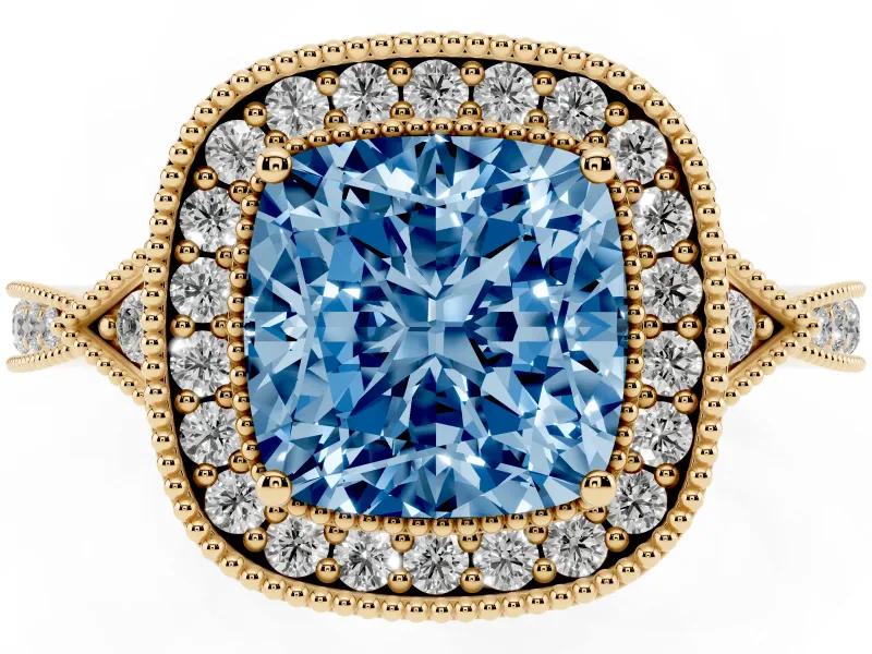 Cushion Cut Milgrain Halo Engagement Ring Setting for a Fancy Blue Lab-Grown Diamond | Graduated Pavé | Yellow Gold