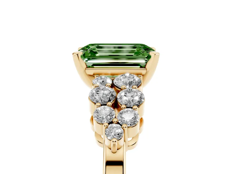 Fancy Green Emerald Cut Diamond Cluster Engagement Ring Set in Yellow gold with Pavé Band and Prong Setting