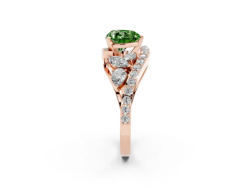 Fancy Green Heart Cut Diamond Halo Ring Set in Rose gold with Marquise and Pavé Band in Prong Setting