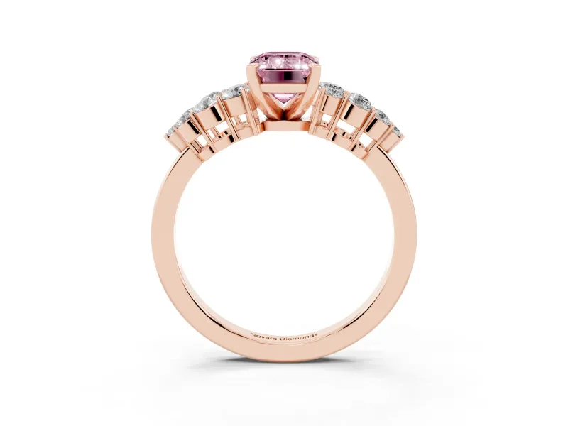 Fancy Pink Emerald Cut Diamond Cluster Engagement Ring Set in Rose gold with Pavé Band and Prong Setting