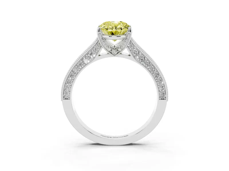 Oval Vintage Hidden Halo Engagement Ring Setting for a Fancy Yellow Lab-Grown Diamond | Milgrain Pave Band | White Gold