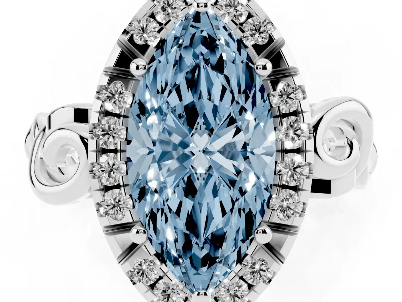 Fancy Blue Marquise Cut Diamond Halo Ring Set in Silver with Scrollwork Band and Prong Setting