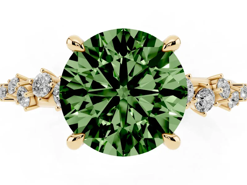 Round Graduated Accent Engagement Ring Setting for a Fancy Green Lab-Grown Diamond | Yellow Gold