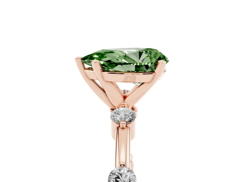 Fancy Green Pear Cut Diamond Solitaire Ring Set in Rose gold with Bezel Set Side Stones and Prong Setting