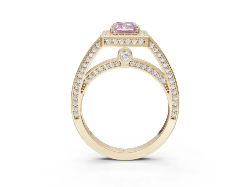 Radiant Cut Sectioned Halo Engagement Ring Setting for a Fancy Pink Lab-Grown Diamond | Yellow Gold