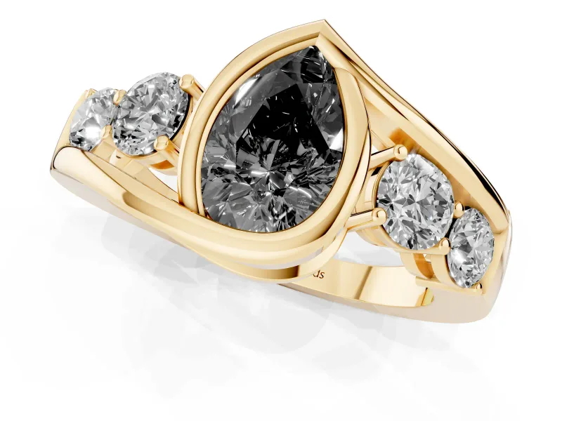 Fancy Black Pear Cut Diamond Bezel Bypass Ring Set in Yellow gold with Round Accents