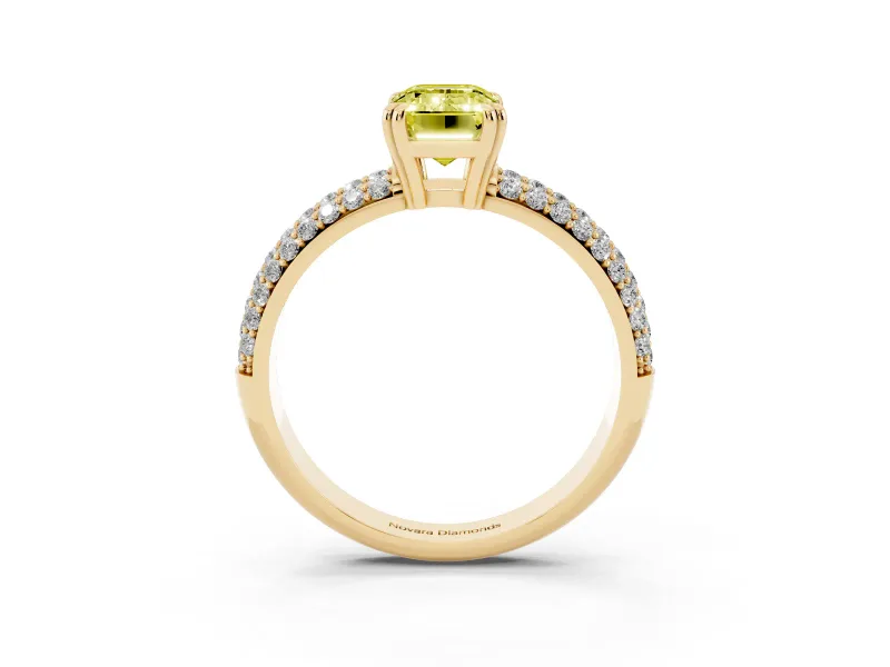 Emerald Cut Three Row Pave Engagement Ring Setting for a Fancy Yellow Lab-Grown Diamond | Double Claws | Yellow Gold