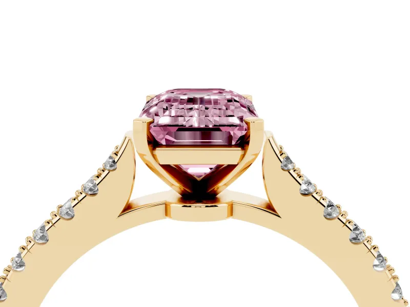 Fancy Pink Emerald Cut Diamond Solitaire Engagement Ring Set in Yellow gold with Delicate Pavé Band and Prong Setting
