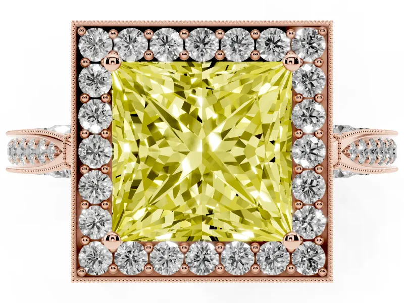 Princess Cut Milgrain Halo Engagement Ring Setting for a Fancy Yellow Lab-Grown Diamond | Side Stones | Rose Gold